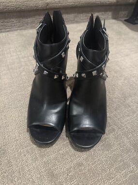 Black Rockstud Peep-Toe Ankle Boots - Women